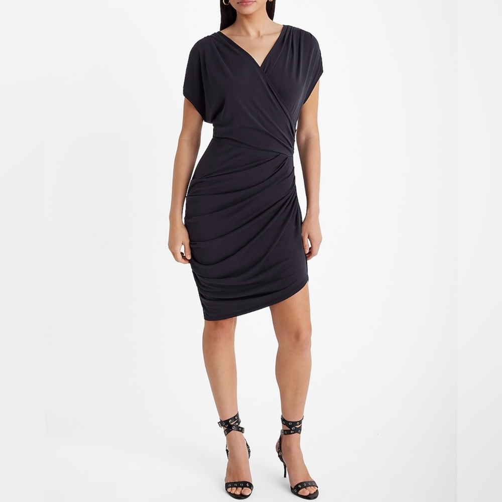 Express V-neck Short Sleeve Draped Mini Sheath Dress